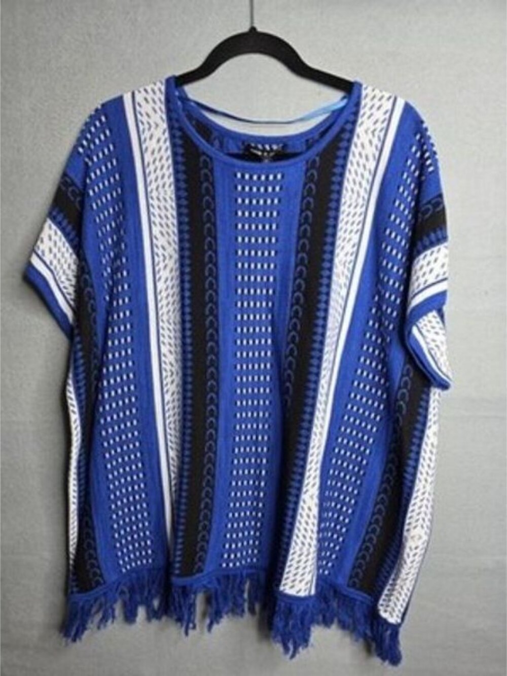 Cable and Gauge Poncho Cape Blouse Top Blue Knit Fringe XL Stripe W Tags